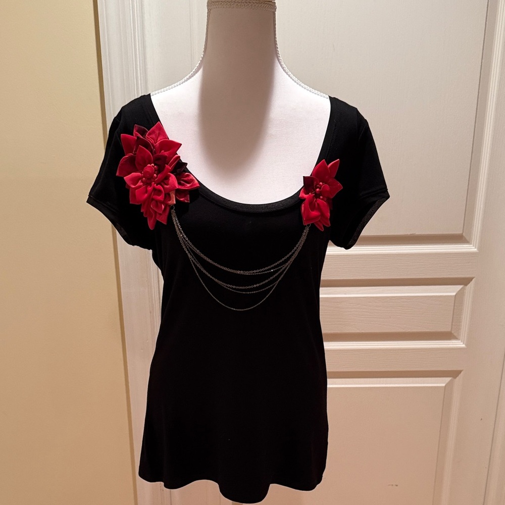 White House Black Market Black Tee with Red Floral Details
